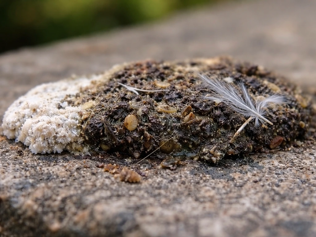 Macro cross-section of bird droppings showing chalky white uric acid, darker fecal matter, and feather debris