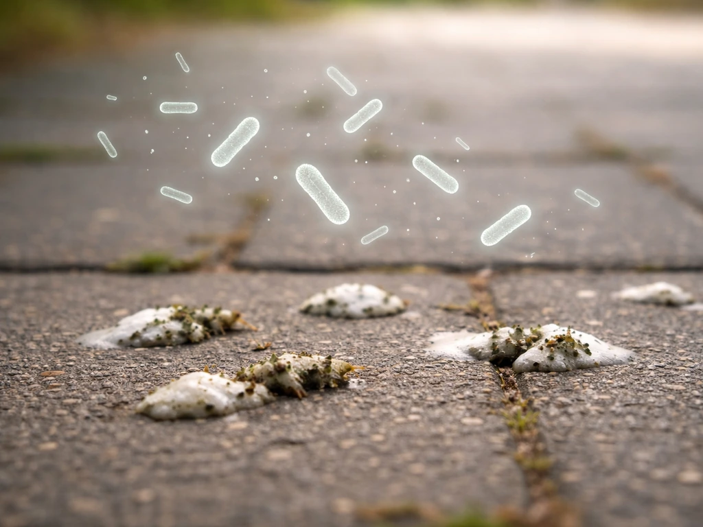 Close-up of bird droppings on pavement with faint bacteria-like shapes to suggest psittacosis risk.