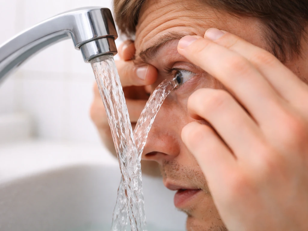 Anonymous person rinsing an eye with a steady stream of clean water, eyelid held open
