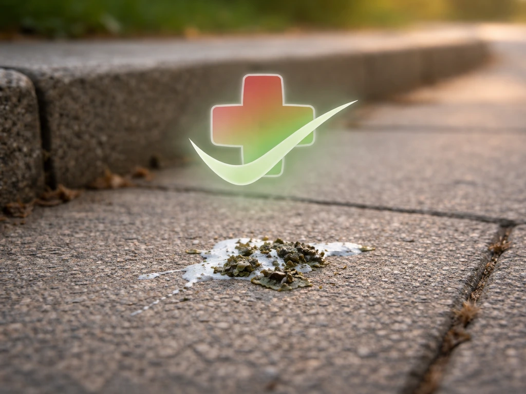 Bird droppings on an outdoor walkway with a medical-themed “not cancer” visual cue in a safe, non-graphic scene