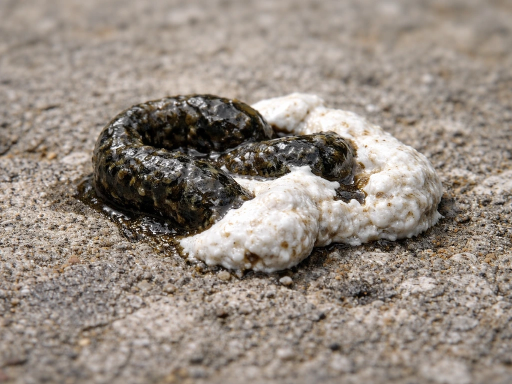 Close-up of dark bird droppings with visible white urates on a textured outdoor surface