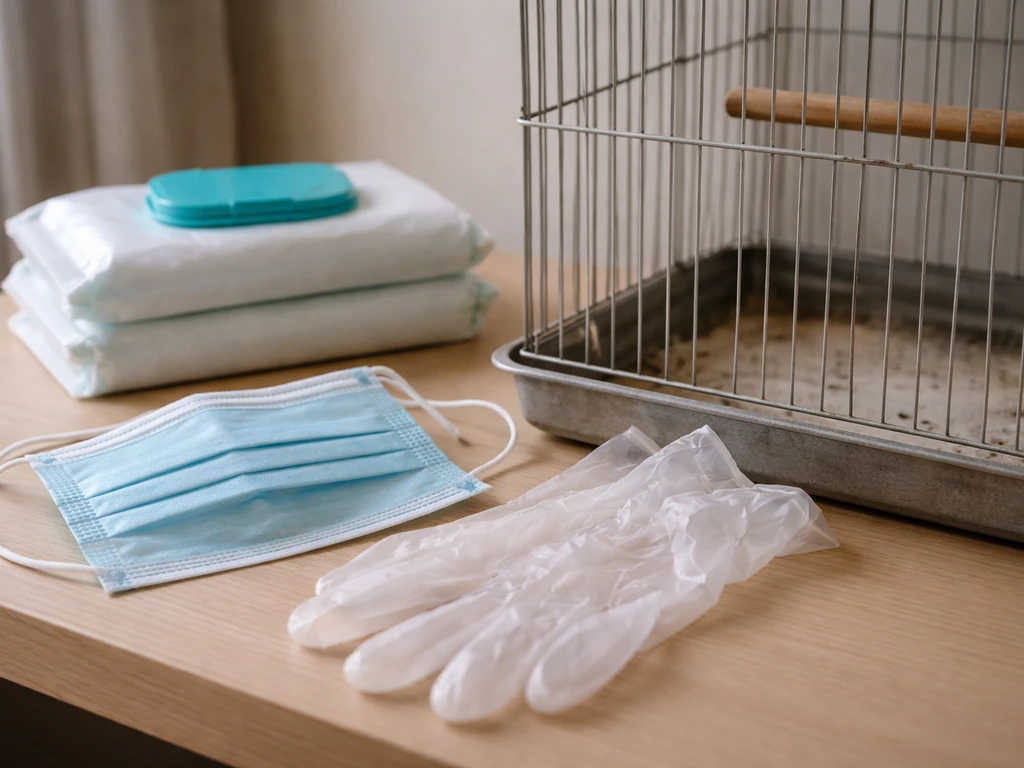 Disinfectant wipes and PPE placed beside an empty bird cage, suggesting respiratory exposure risk from infected birds