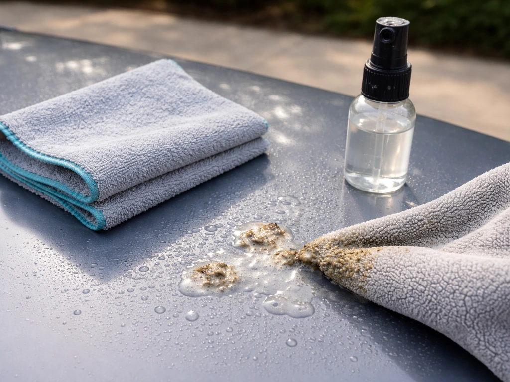 Microfiber cloth and dedicated cleaner spray used to safely wipe fresh bird droppings off a car