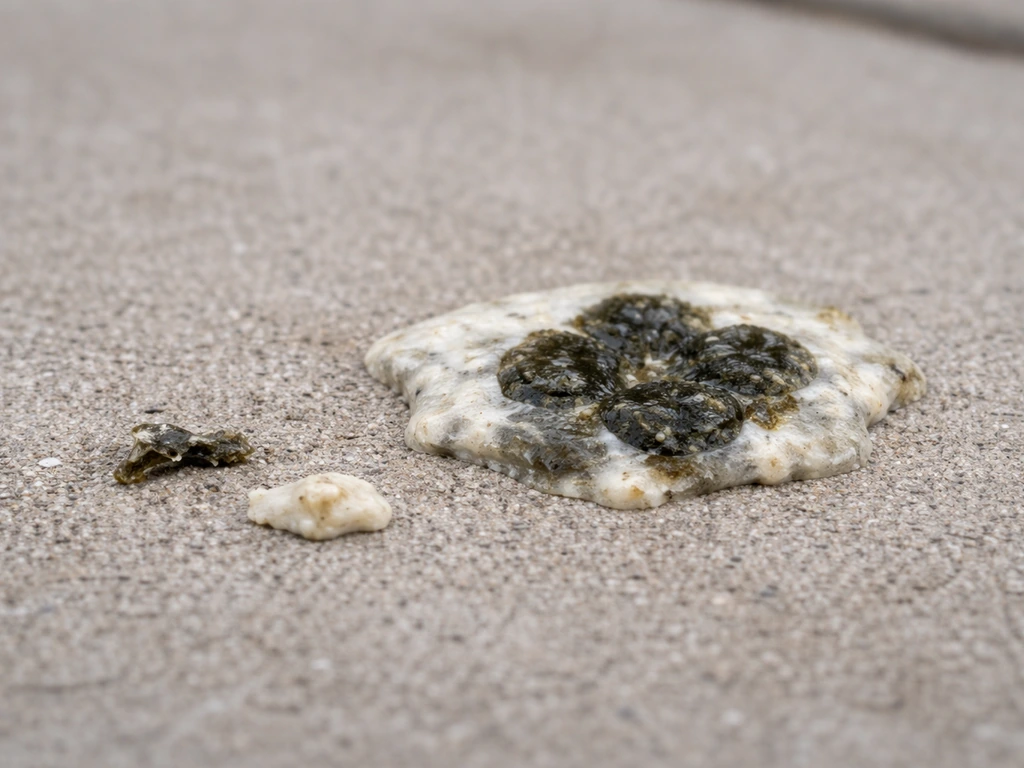 Close-up of fresh bird droppings showing dark center with off-white paste on a sidewalk