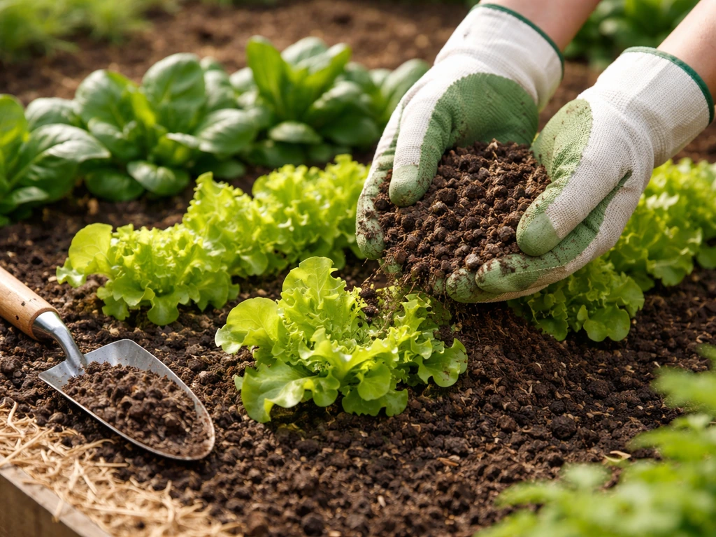 Gloved hands spreading properly composted bird-manure compost around leafy vegetable plants in a garden bed.