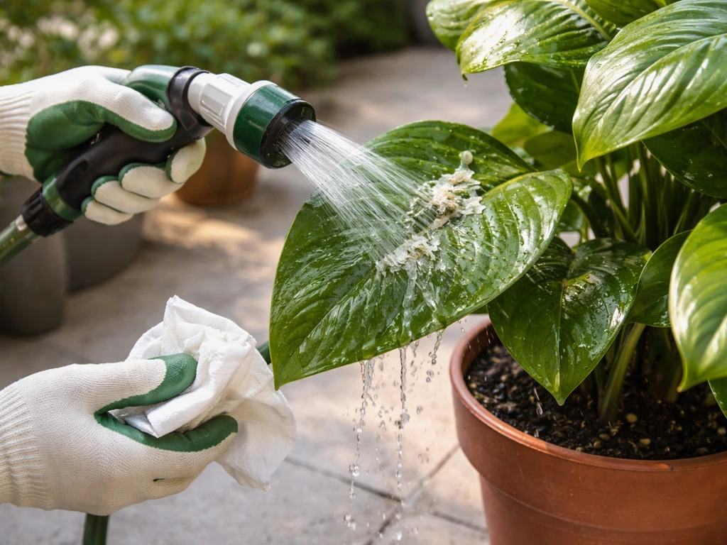 Gardening gloves as someone gently rinses bird droppings off a plant leaf with water.