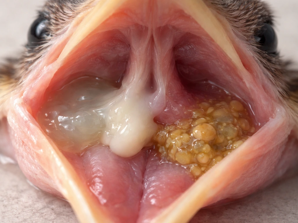 Macro view of a generic bird mouth area showing distinct oral secretion types mixed together.