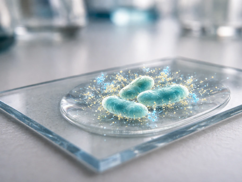 Microscope slide with translucent protein molecules surrounding simplified bacteria-like shapes