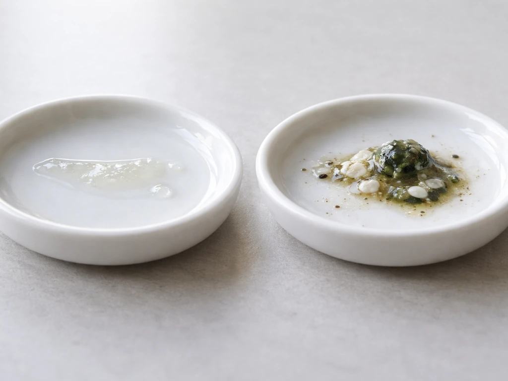 Side-by-side macro closeups of wet bird saliva residue and fresh bird droppings on simple dishes.