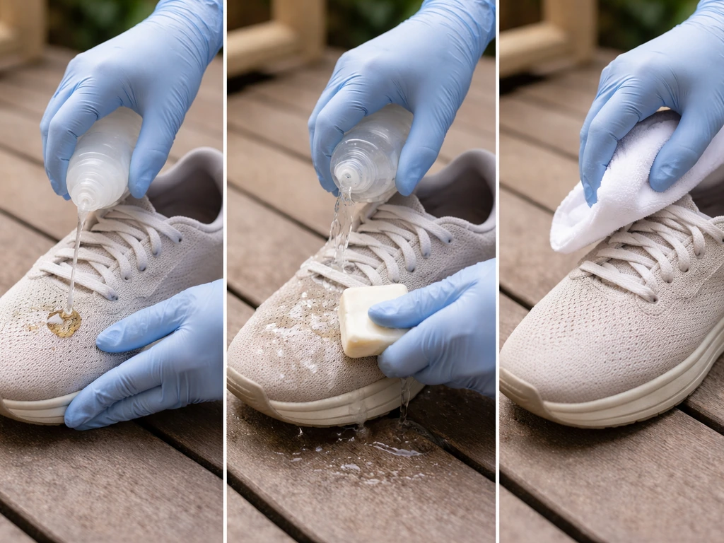 Gloved hands wet, soap, and wipe clean bird droppings on a shoe outdoors with water and cloth.
