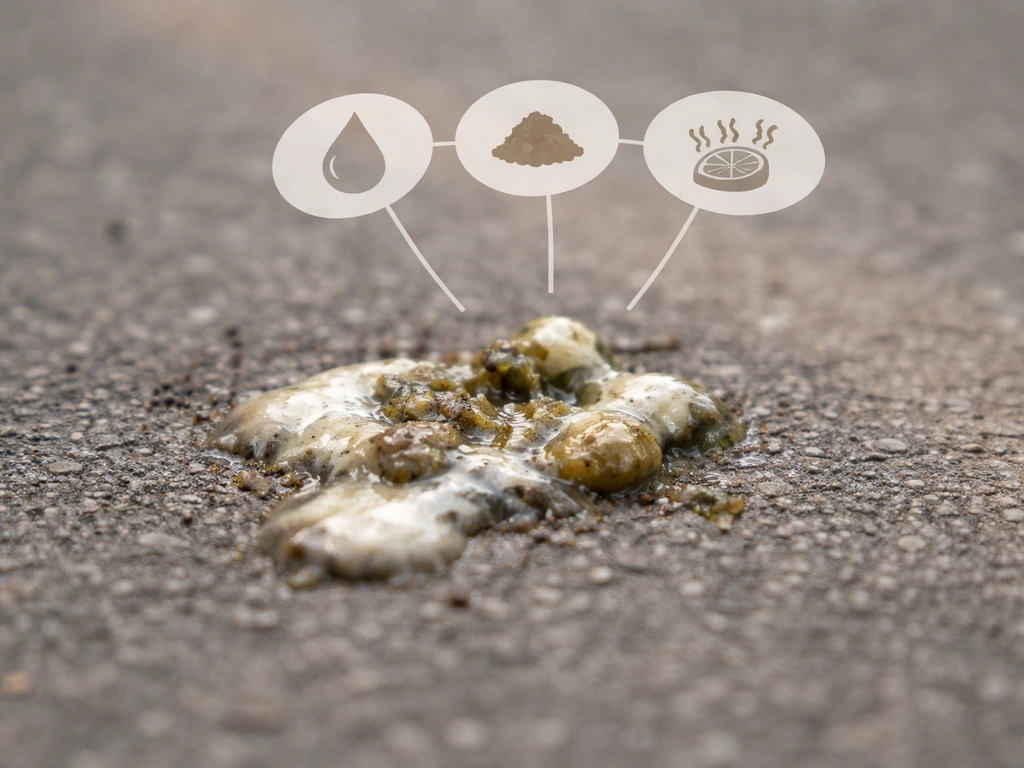 Close-up of fresh bird droppings on pavement with subtle non-text scent-note markers nearby.