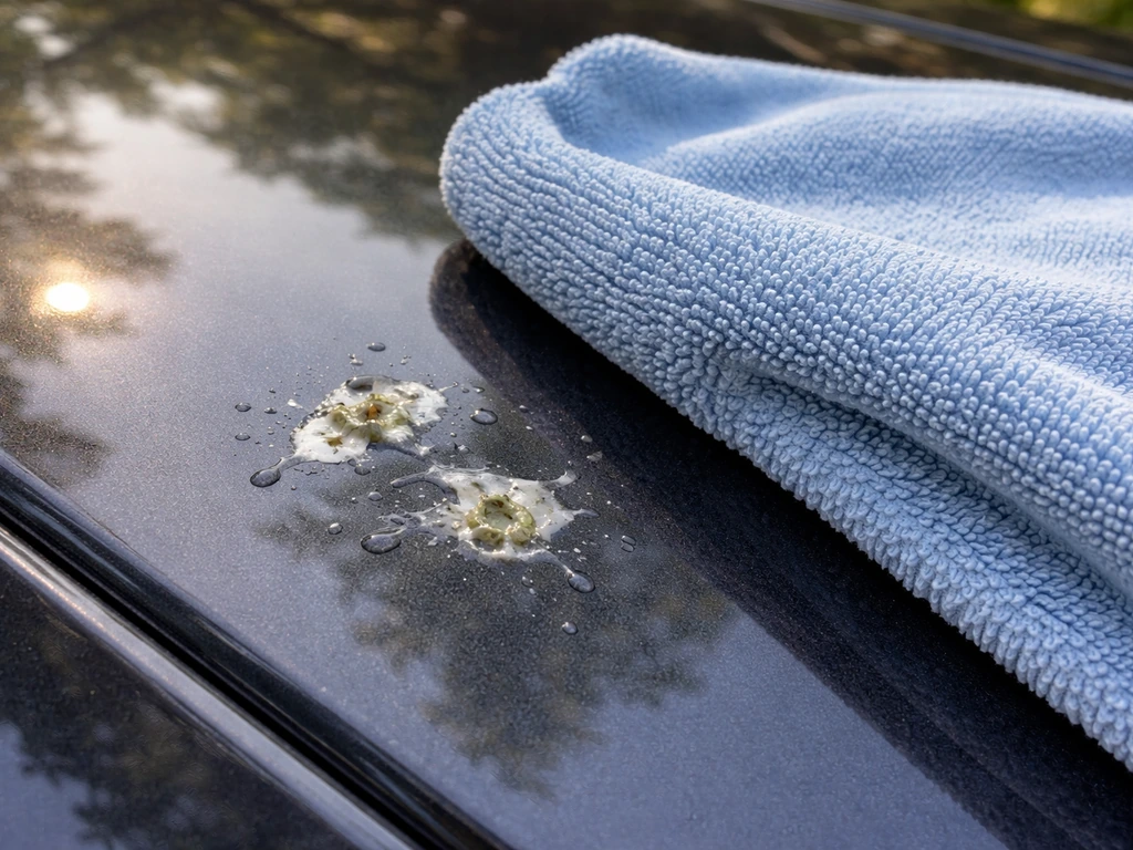 Bird droppings on a car’s clear coat, shown being gently wiped after wetting outdoors