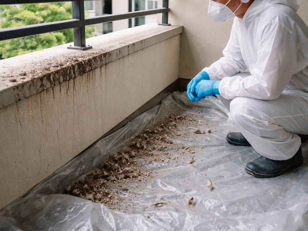 Balcony ledge cleaning setup with N95-style mask, gloves, coveralls, and a tarp over droppings area.