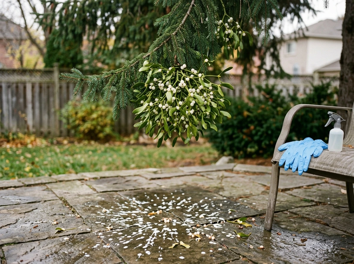 Mistletoe on a tree above residue on a patio, with cleaning gloves and spray bottle nearby.