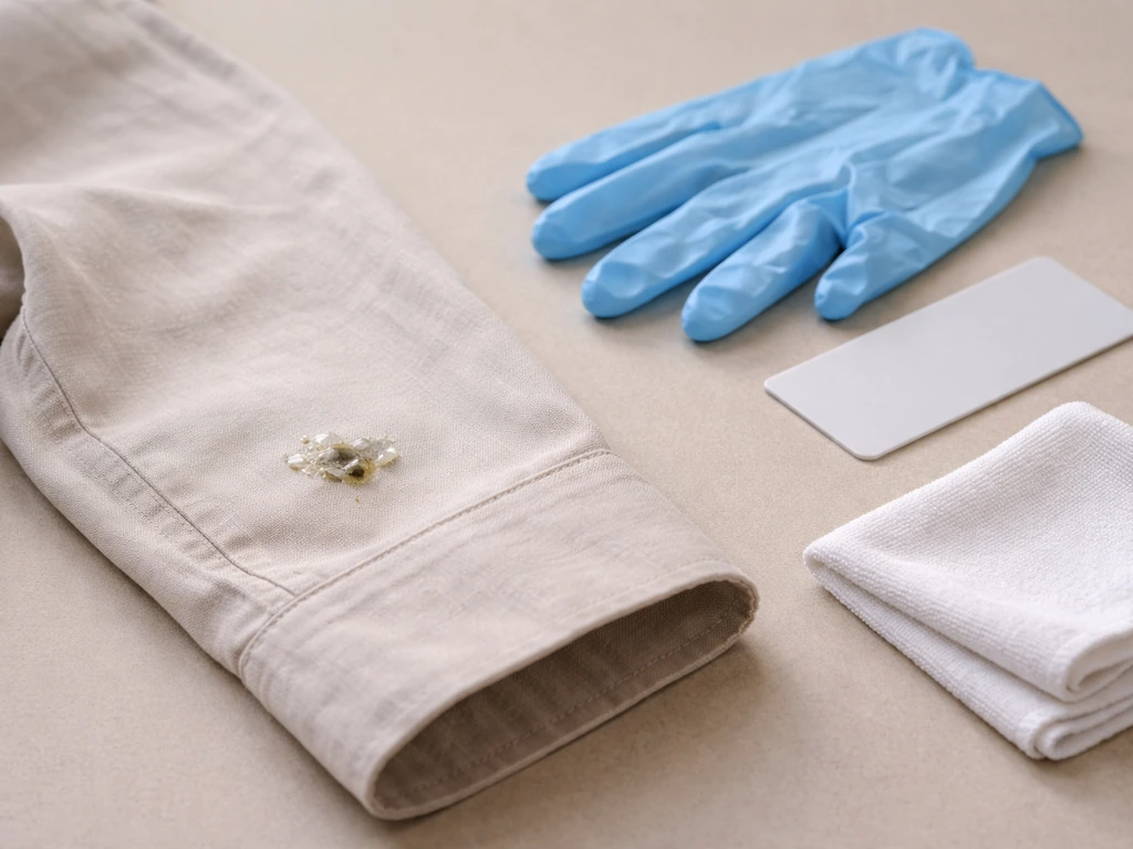 Close-up of a shirt with a small fresh bird-dropping spot next to gloves, scraper edge, and damp cloth on neutral backgr