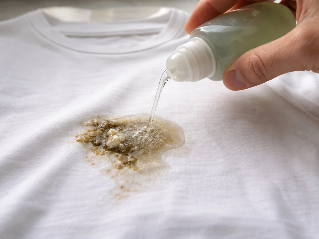 Enzyme stain remover liquid being applied to a bird-dropping stain on a cotton T-shirt spot.