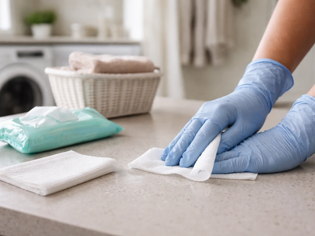 Gloved hands wiping a countertop in a laundry area with disinfecting wipes and paper towels visible.