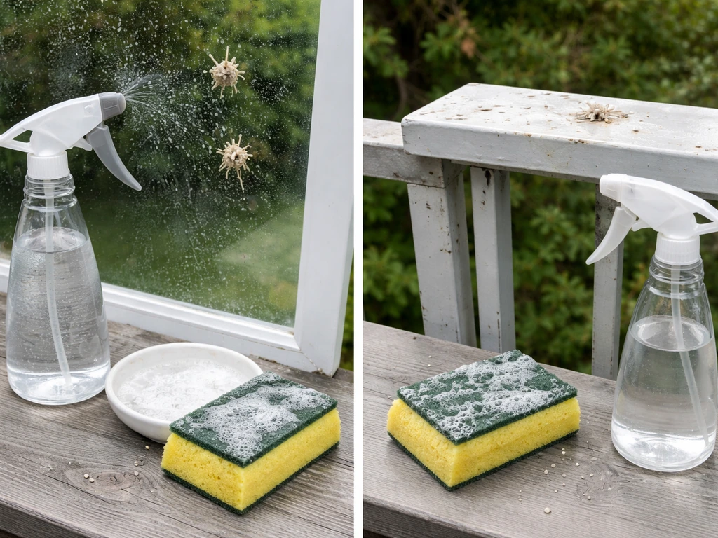 Minimal still life showing wetting, soap cleaning, and disinfecting on glass and painted metal.