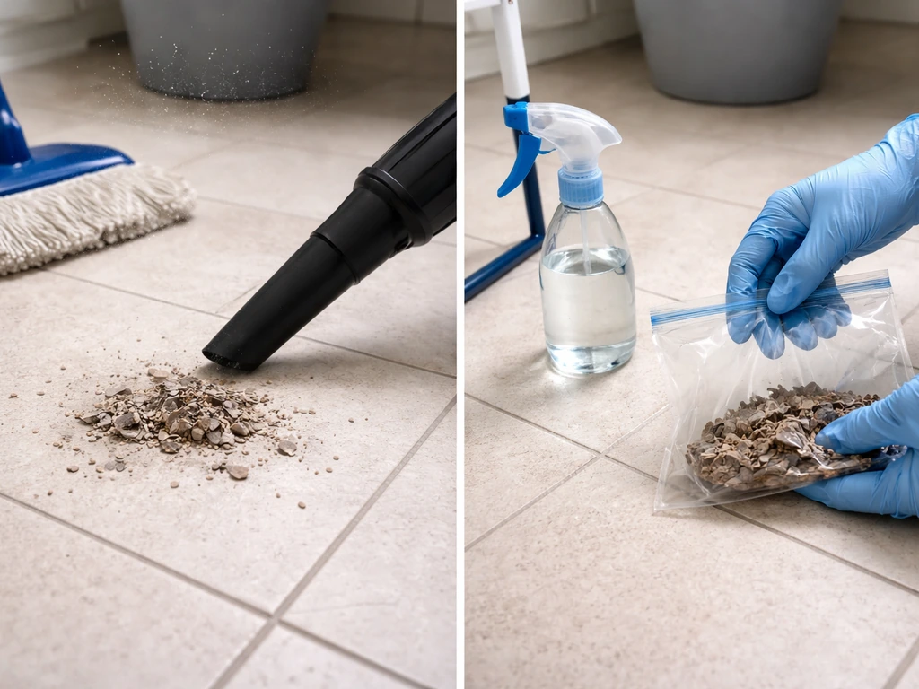 Person wearing gloves gently wetting dried droppings before bagging, contrasting unsafe dry sweeping/vacuuming.