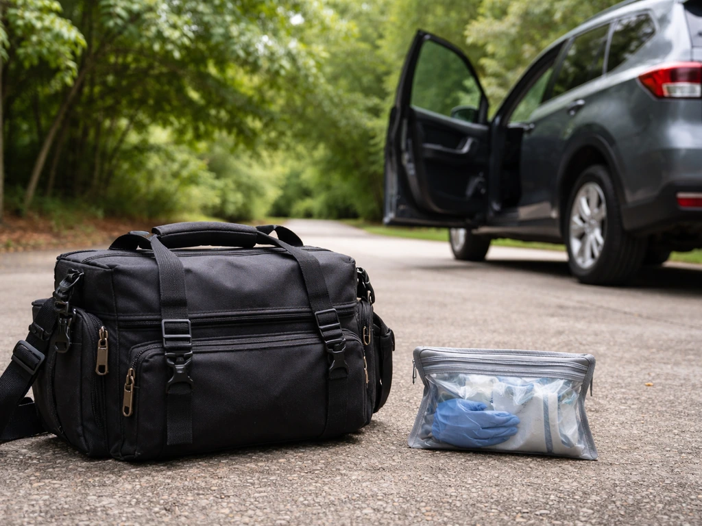 Reporter-style camera bag with a sealed cleanup kit beside a car parked away from tree perching areas.