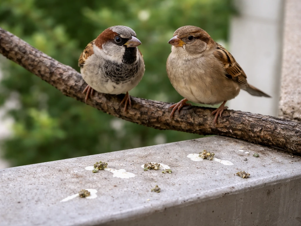 Small birds perched on a tree branch above a building ledge with a few droppings visible.