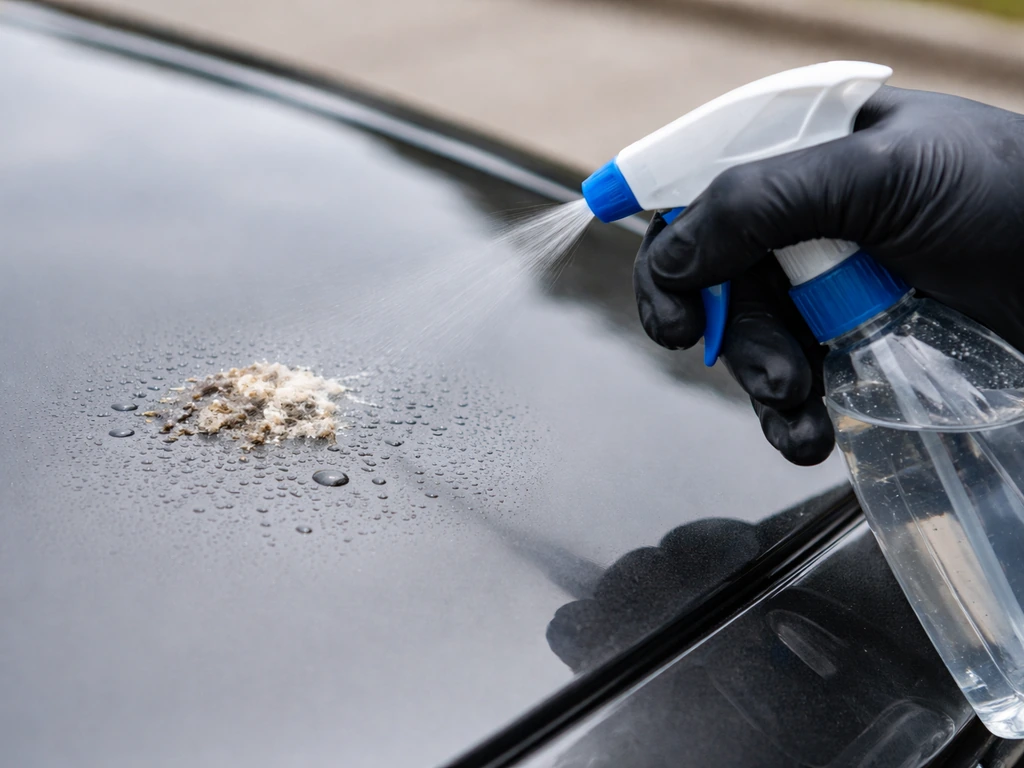 Gloved hand misting water to soften a bird dropping on a car’s paint before wiping.