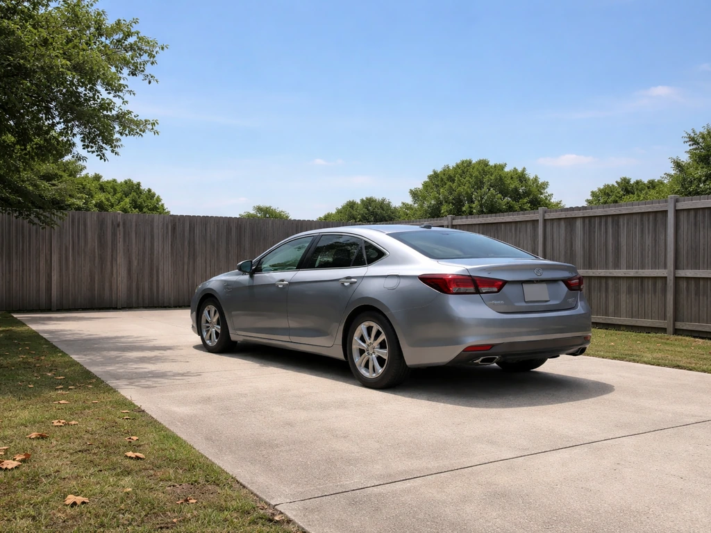 Car parked in a clean driveway away from trees and power lines, sunlight highlighting protected paint.
