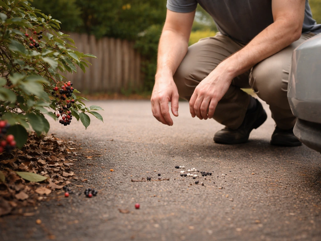Homeowner crouches outside near a car, examining small bird droppings by a bush with berries