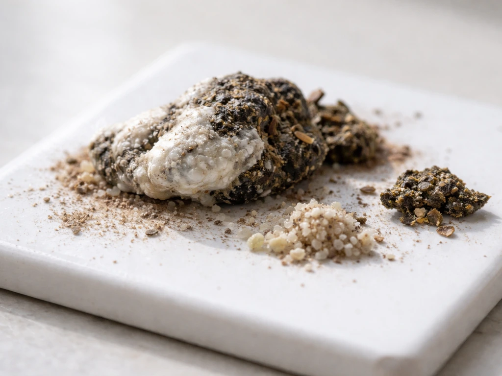 Close-up of dried bird droppings on a neutral surface with clearly separated visible components