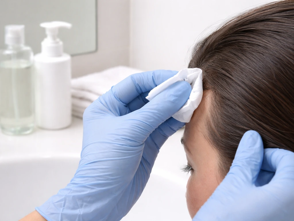 Gloved hands gently remove bird droppings from hair with tissue, then bottles of shampoo and conditioner nearby.