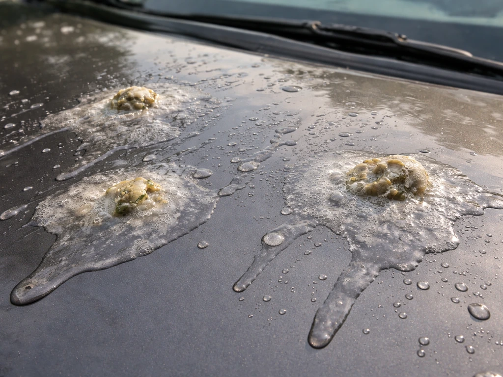 Car windshield with hardened bird droppings being rehydrated by warm water soak.