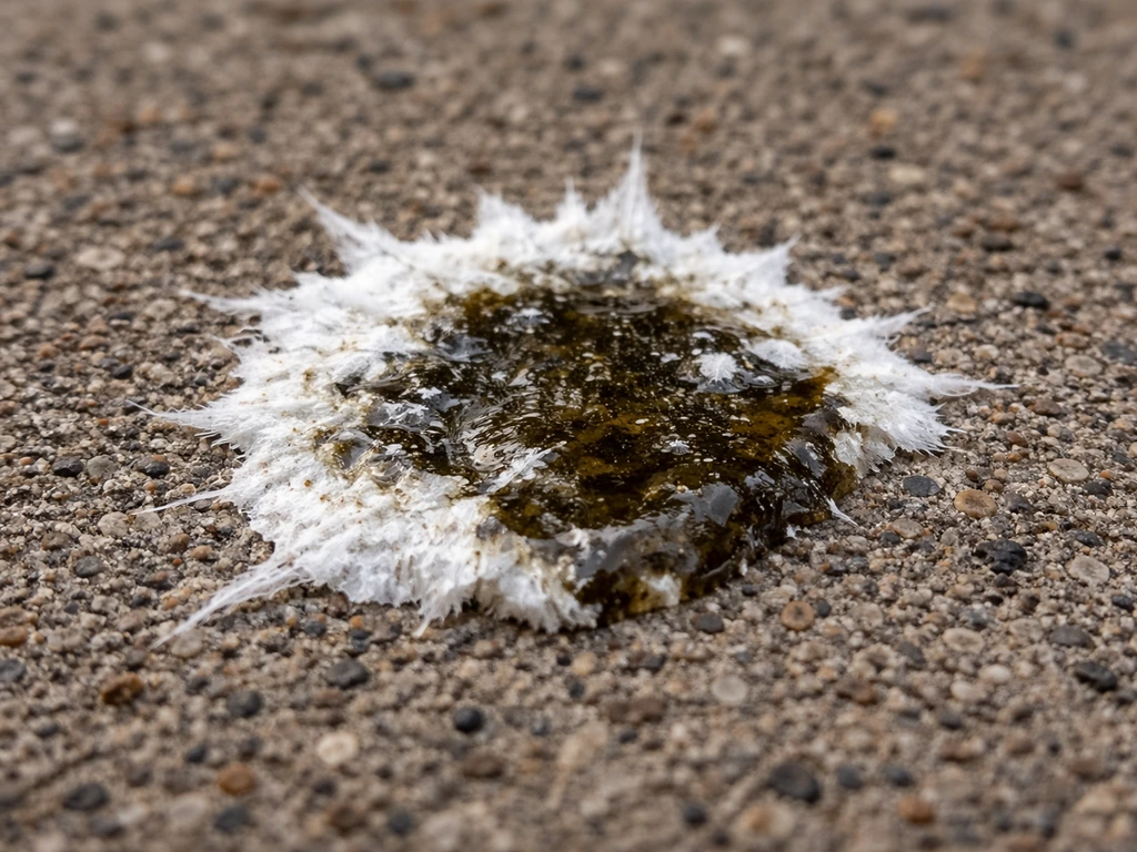 Macro close-up of a bird dropping with white urate crust and darker liquid portion before cleaning.