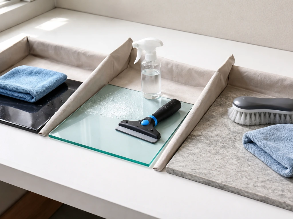 Minimal comparison of cleaning tools: wet microfiber for car paint, glass/stone tools beside them