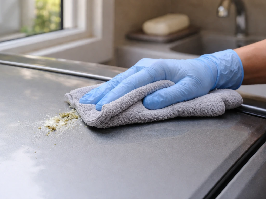 Gloved hands cleaning a hard car surface with a cloth, ventilation window open nearby