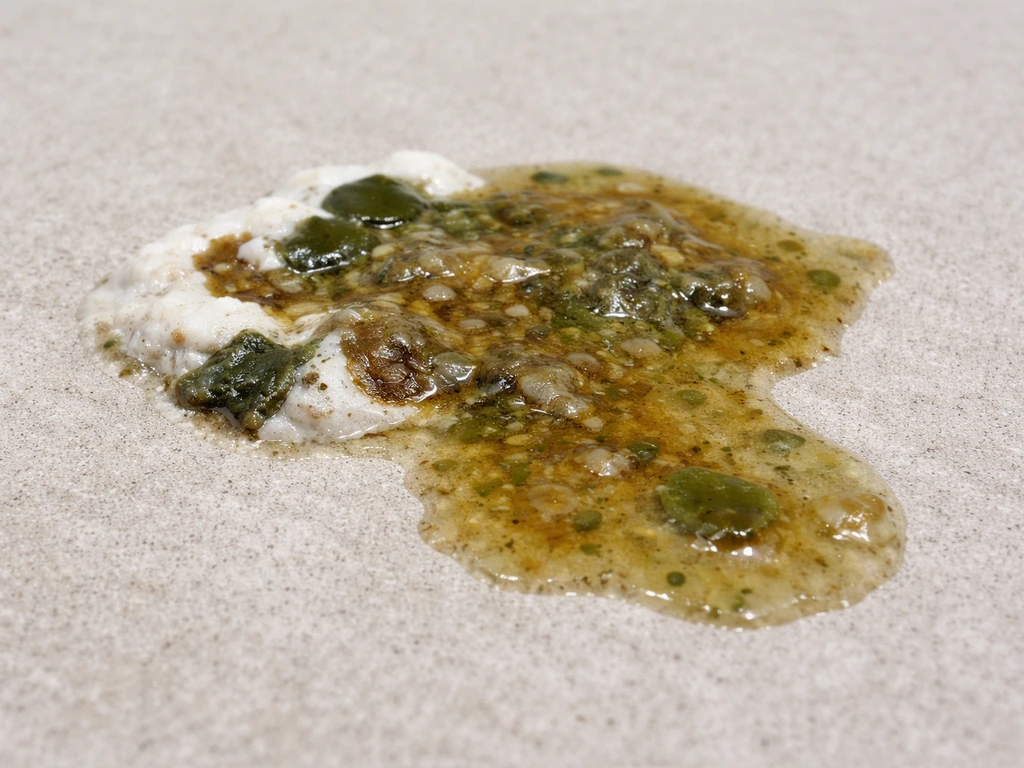 Close-up of bird droppings with unformed watery diarrhea cues on a clean neutral surface.