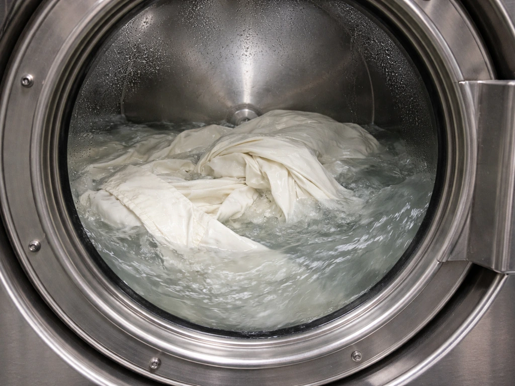 Close-up of a dry-cleaning machine agitating a garment in a solvent drum.