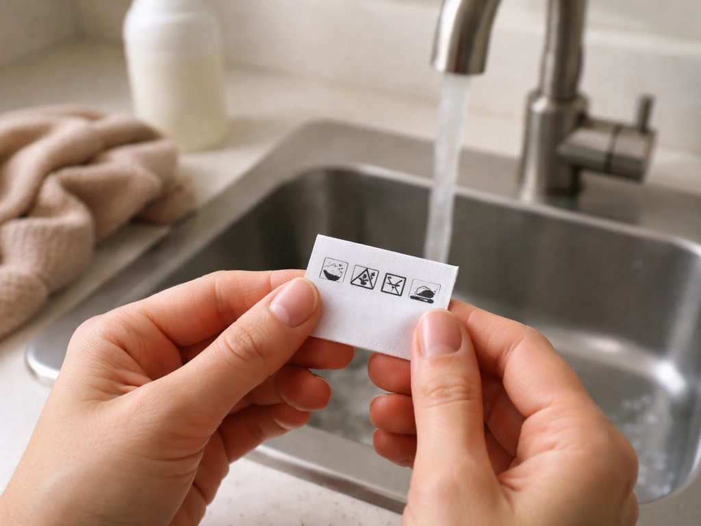 Hands checking a garment care label above a sink with laundry items nearby.