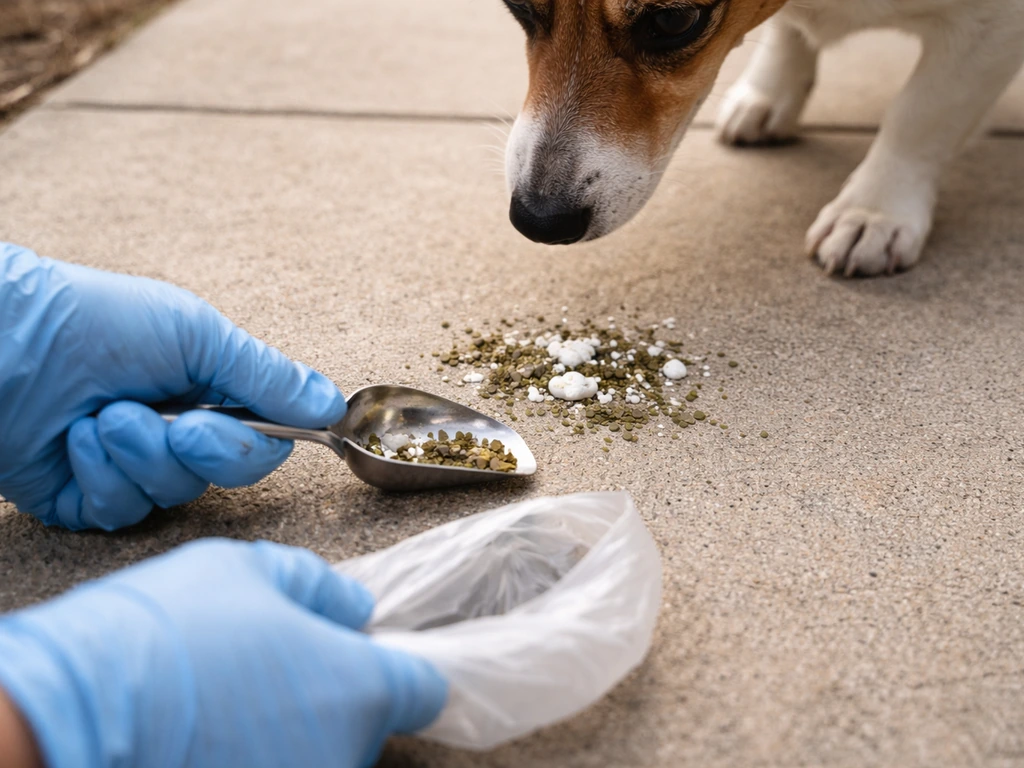 Close-up of a dog’s paw and mouth near bird droppings as gloved hands prepare to clean safely.