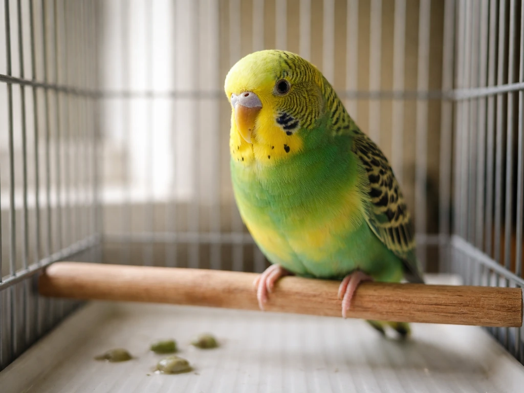 Close-up of a pet bird perched in its cage with droppings visible near the base.