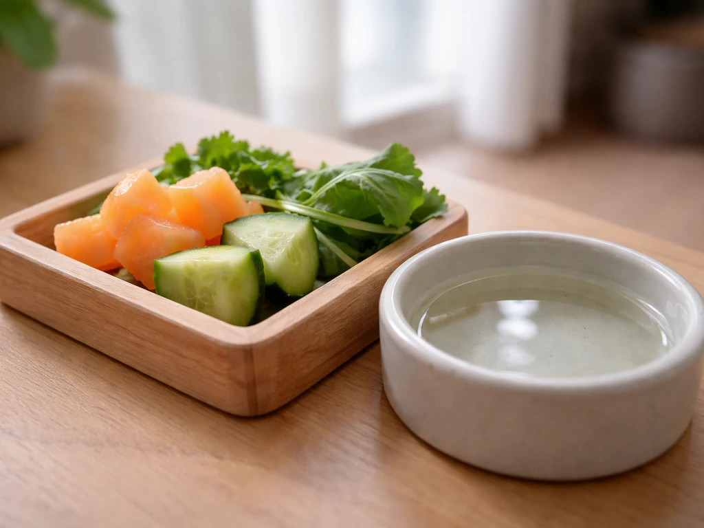 Feeding tray with cucumber, melon, and leafy greens beside a small water dish, highlighting moisture.
