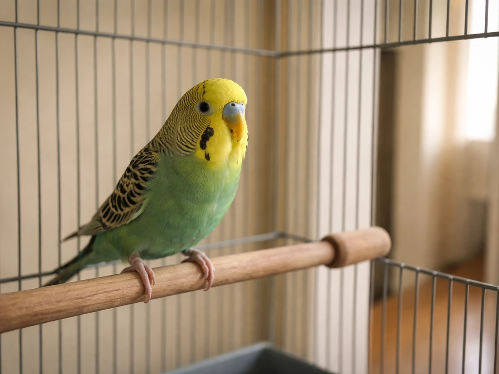 Small pet bird perched beside a slightly shifted cage in a quiet room, startled posture suggesting stress.