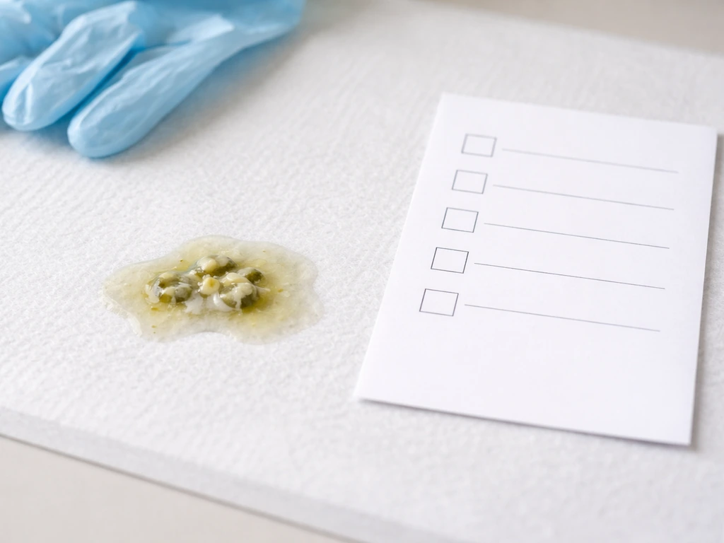 Vet-style view of abnormal watery avian droppings beside a blank avian health checklist card prop.