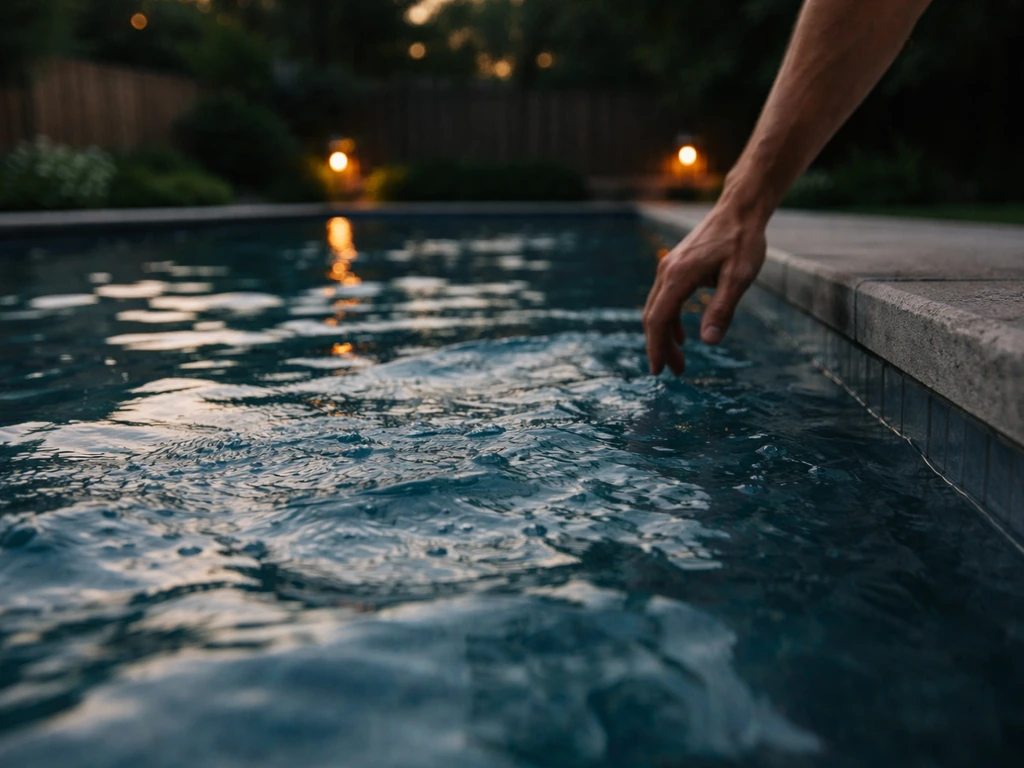 Swimmer in a quiet backyard pool with slight splash and water ripples, hinting at contamination risk