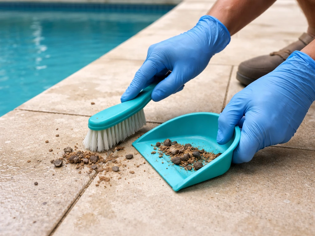 Gloved hands use a small brush and scoop to clean dried droppings from a pool deck tiles.