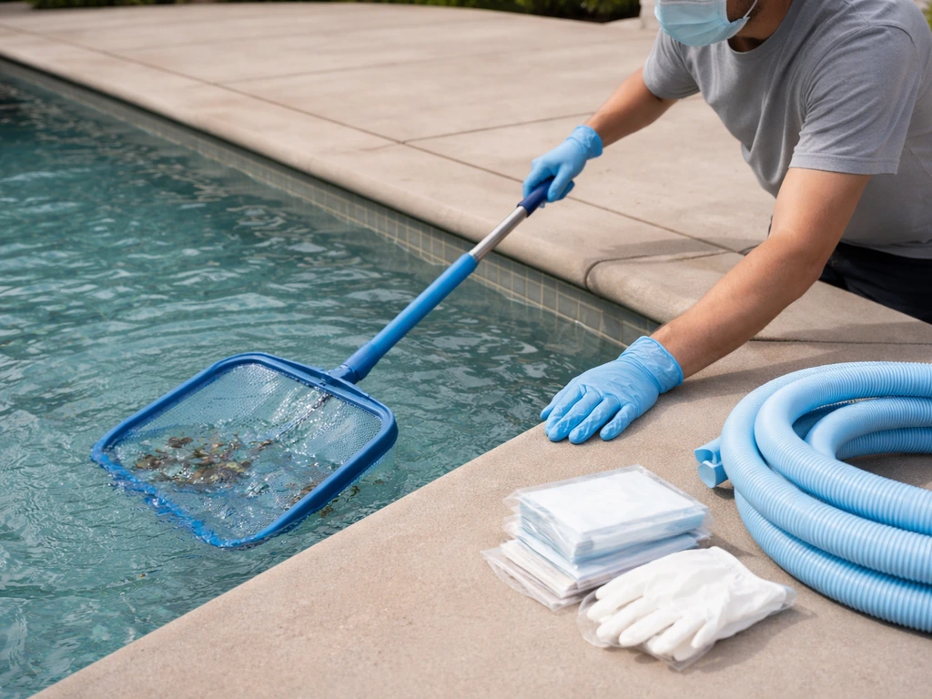 Gloved person using a pool skimmer and vacuum on a clean outdoor swimming pool after suspected contamination.