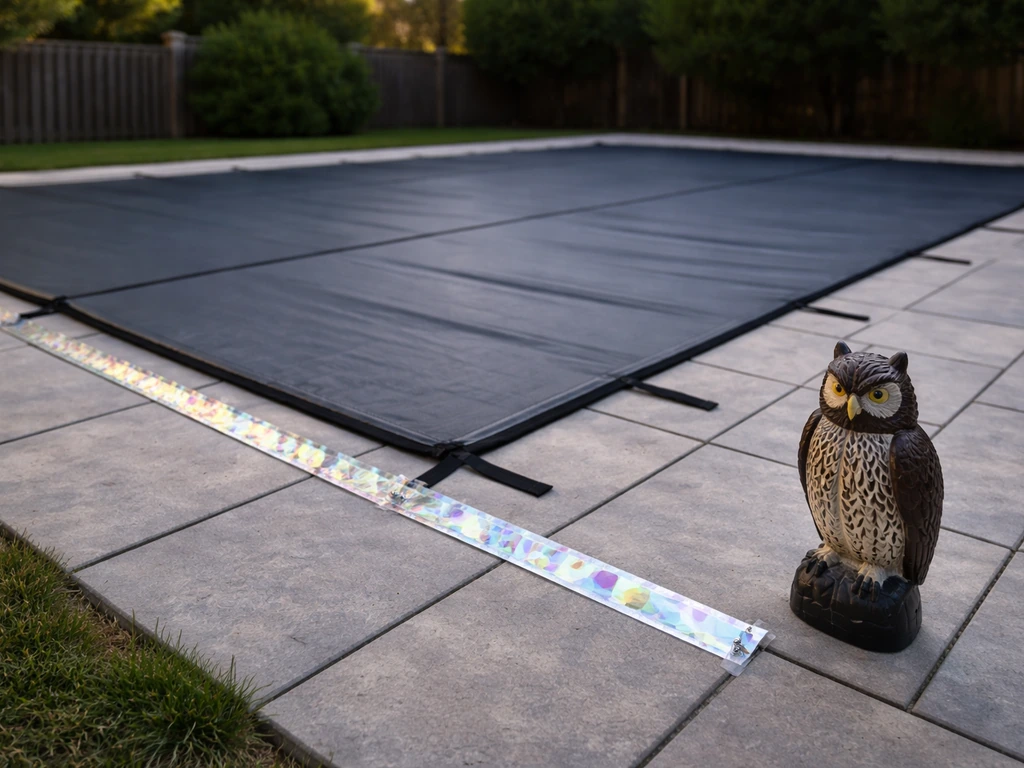 Closed pool cover with a bird-deterrent reflective tape and a plastic predator silhouette nearby.