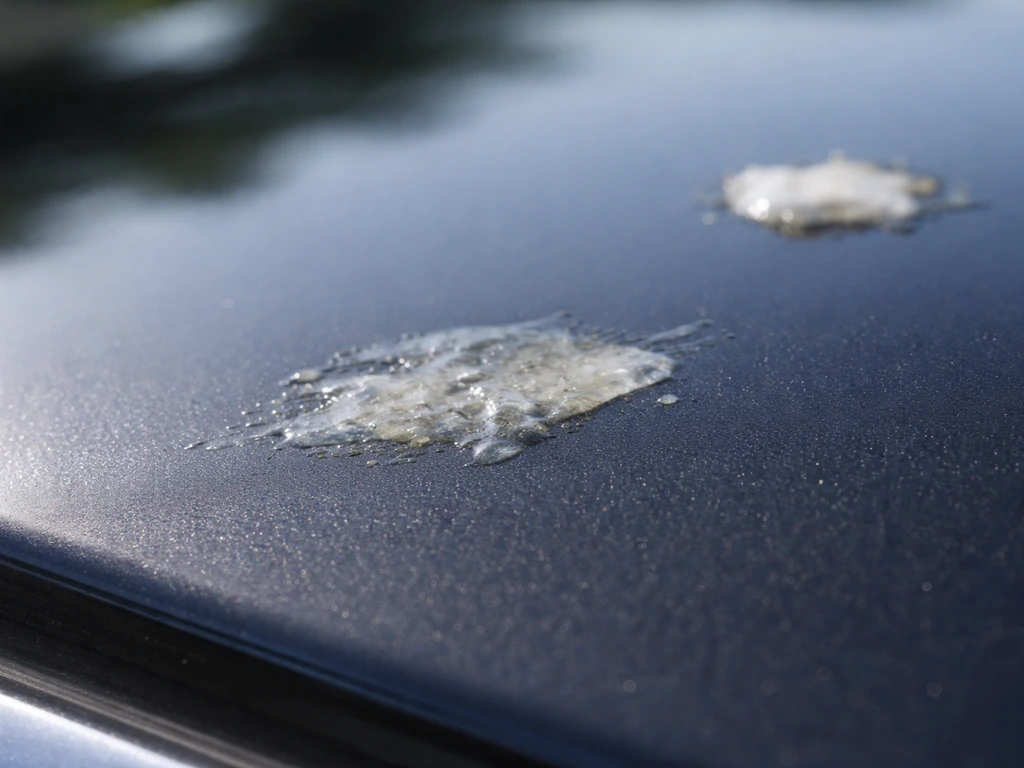 Macro close-up of a car paint surface with a fresh bird droplet smear resembling spit/saliva.