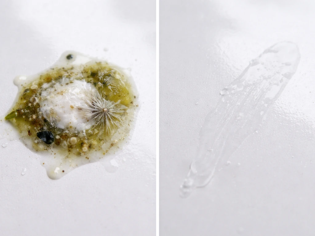 Split close-up: glossy fresh bird dropping on one side, thin watery smear on glass/paint on the other.