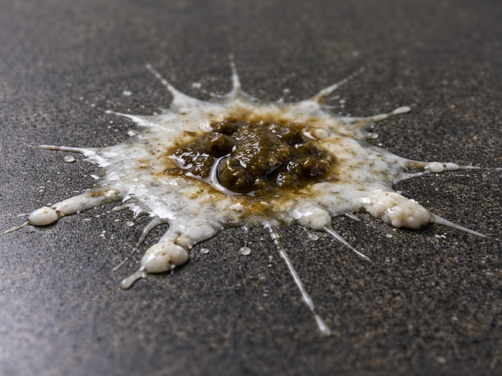 Macro view of a bird dropping landing, showing wet spreading and separate whitish urate portions.