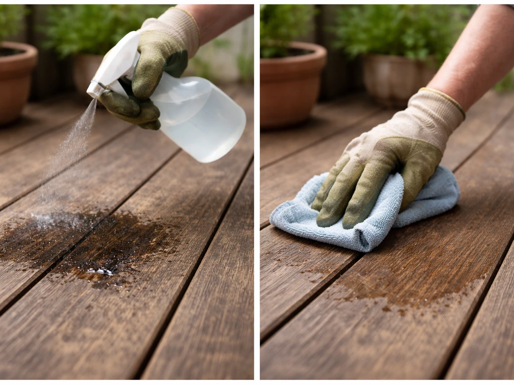 Gardener wetting and wiping a patio stain with a spray bottle and cloth, avoiding dry sweeping